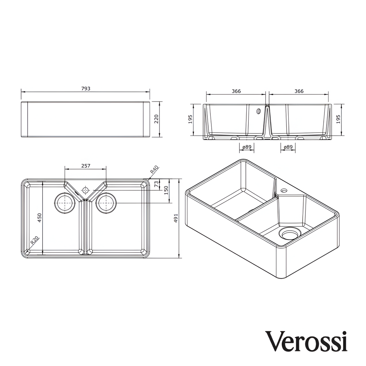 Verossi | Fireclay Belfast | 2.0 Bowl Kitchen Sink with Overflow | Strainer Wastes Supplied | 795x500mm | White Ceramic