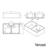 Verossi | Fireclay Belfast | 2.0 Bowl Kitchen Sink with Overflow | Strainer Wastes Supplied | 795x500mm | White Ceramic