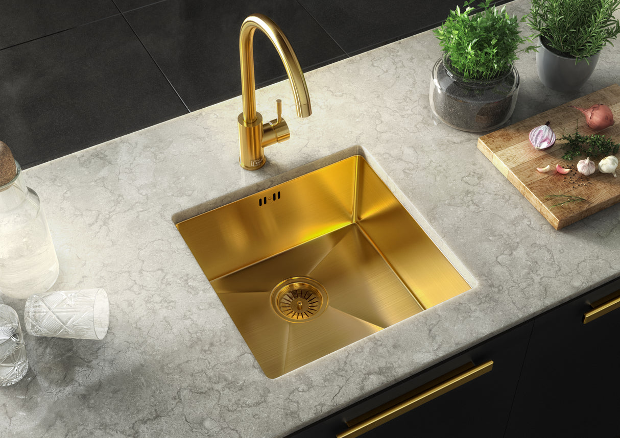 Verossi | Vrimo | 1.0 Bowl Stainless Steel Kitchen Sink | Inset or Undermounted | Strainer Waste Supplied | Gold Finish