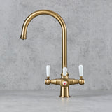 Verossi  | Vandisso | Traditional Cruciform Style 3 in 1 Instant Boiling Tap | White Ceramic Levers | Brushed Brass Finish