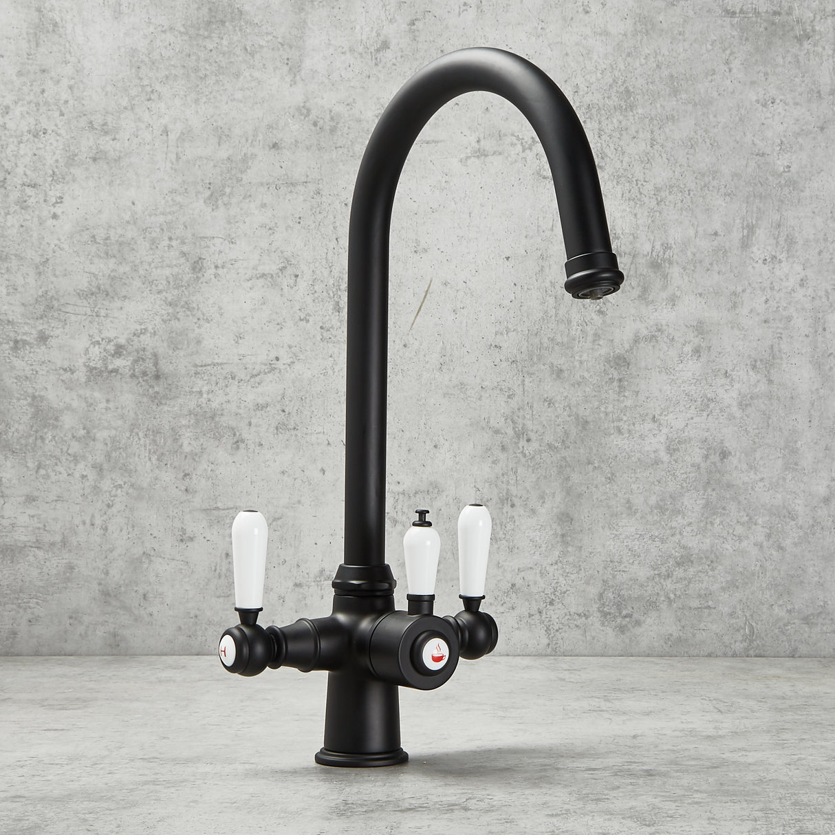 Verossi  | Vandisso | Traditional Cruciform Style 3 in 1 Instant Boiling Tap | White Ceramic Levers | Matt Black Finish