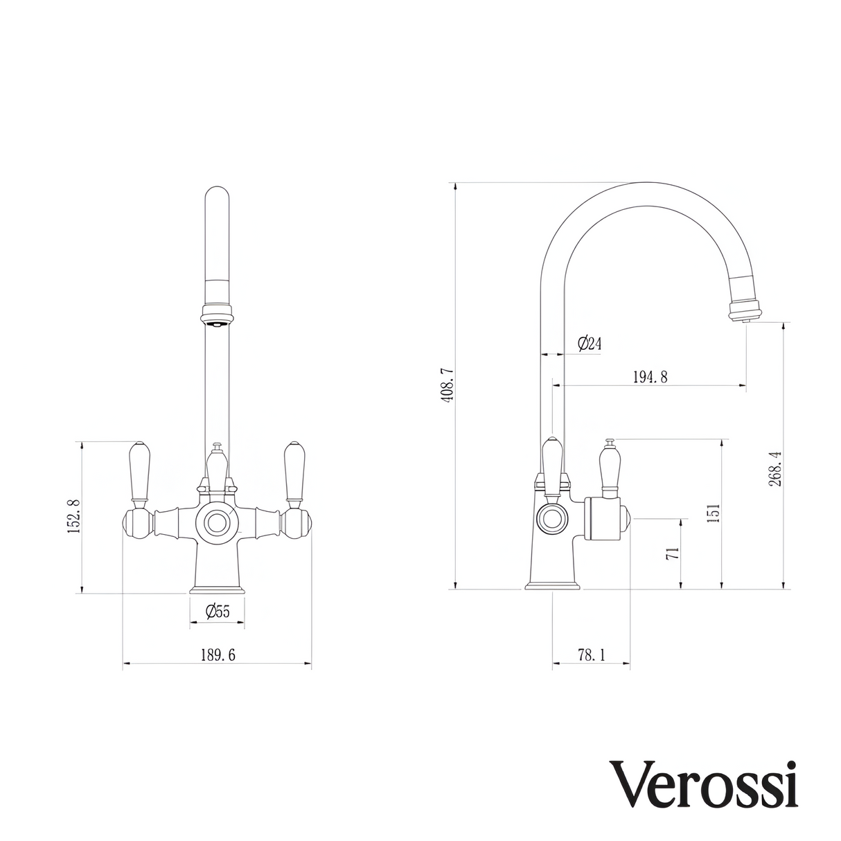 Verossi  | Vandisso | Traditional Cruciform Style 3 in 1 Instant Boiling Tap | White Ceramic Levers | Gun Metal Finish