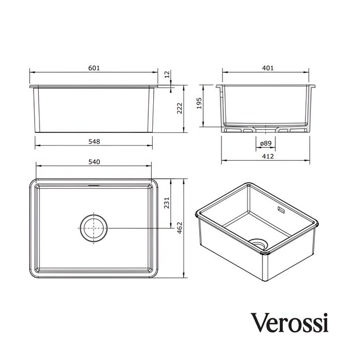 Verossi - Fireclay | Single Bowl Inset/Undermount White Ceramic Kitchen Sink | Strainer Wastes Supplied | 595 x 460mm