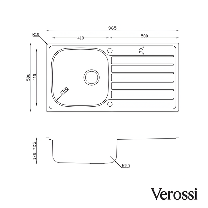 Verossi - Satin | Single Bowl Inset Stainless Steel Kitchen Sink | 965 x 500mm