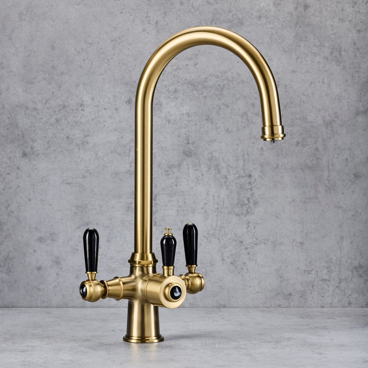 Verossi  | Vandisso | Traditional Cruciform Style 3 in 1 Instant Boiling Tap | Black Ceramic Levers | Brushed Brass Finish