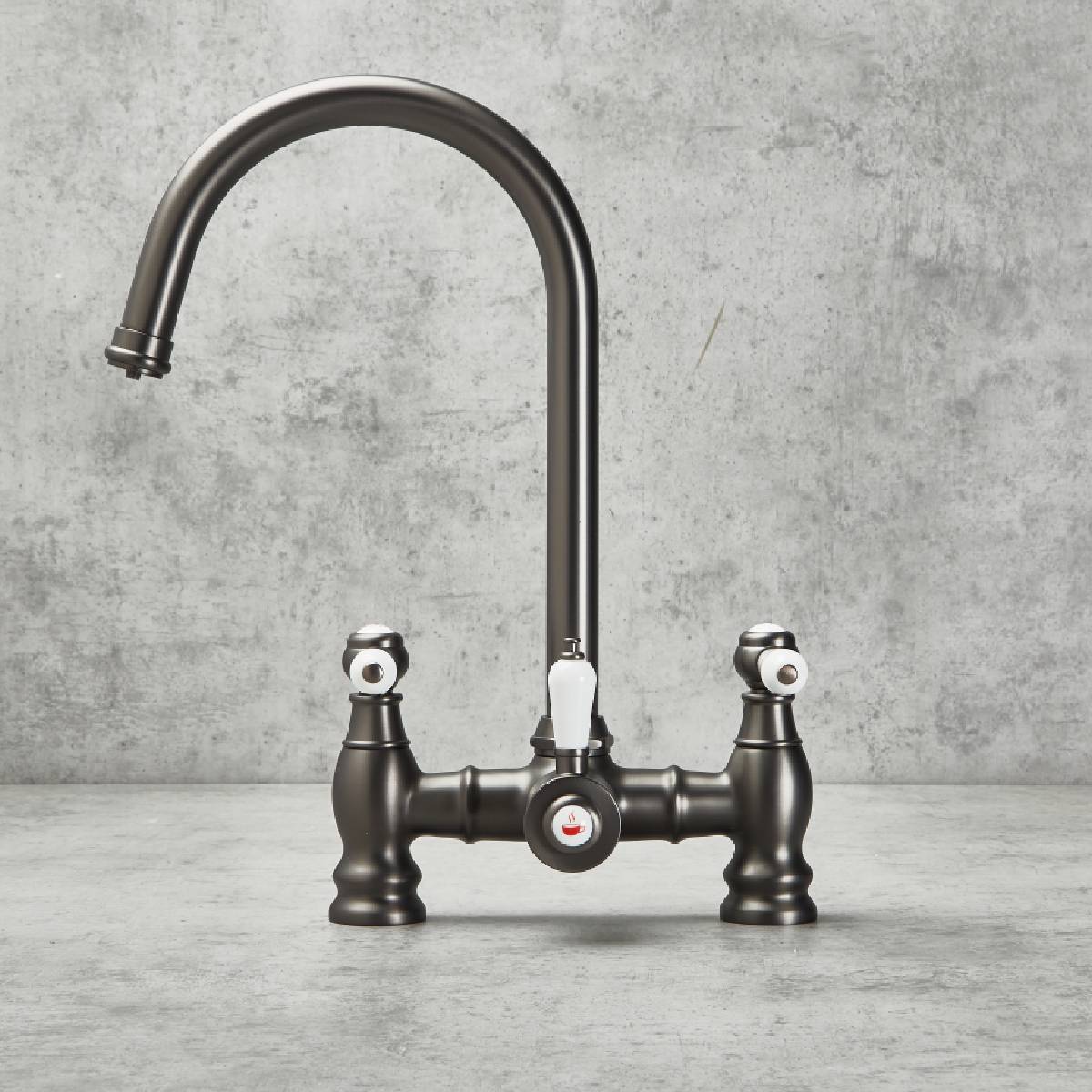 Verossi  | Versace | Traditional Bridge Style 3 in 1 Instant Boiling Tap | White Ceramic Levers | Gun Metal Finish