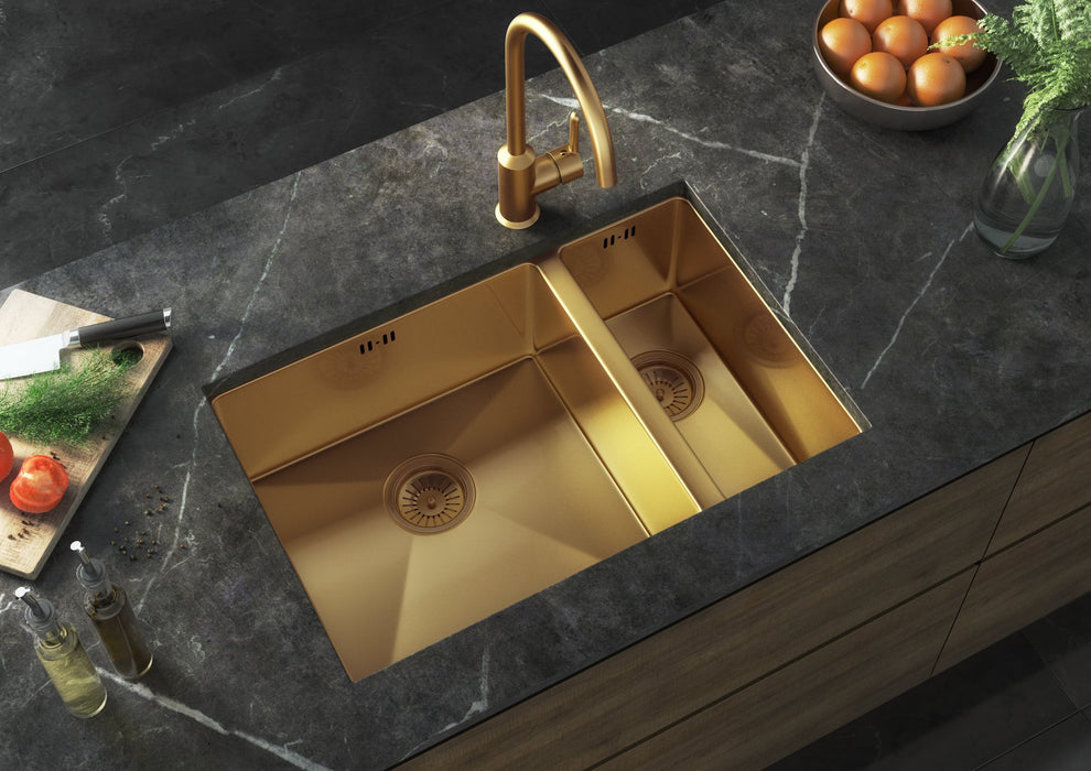 Verossi  - Vrimo | 1.5 Bowl Stainless Steel Kitchen Sink | Inset or Undermounted | Strainer Wastes Supplied | Gold Finish