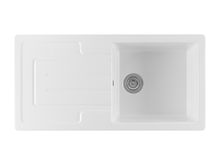 Verossi - Fireclay | 1.0 Bowl White Ceramic Kitchen Sink | Inset with drainer | Strainer Wastes Supplied | 1000 x 500 mm