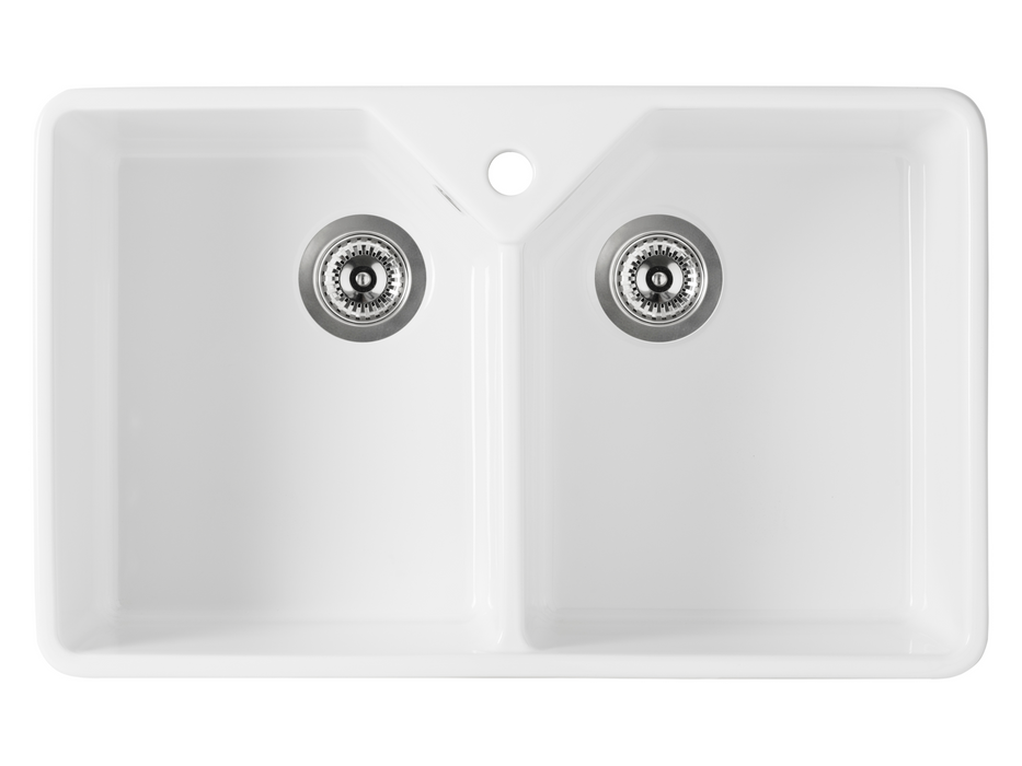Verossi - Fireclay | Double Bowl Belfast White  Ceramic Kitchen Sink with Overflow | Strainer Wastes Supplied | 795 x 500mm