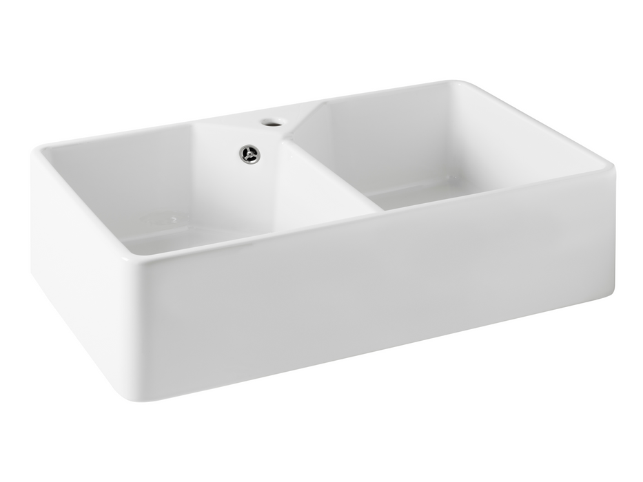 Verossi - Fireclay | Double Bowl Belfast White  Ceramic Kitchen Sink with Overflow | Strainer Wastes Supplied | 795 x 500mm