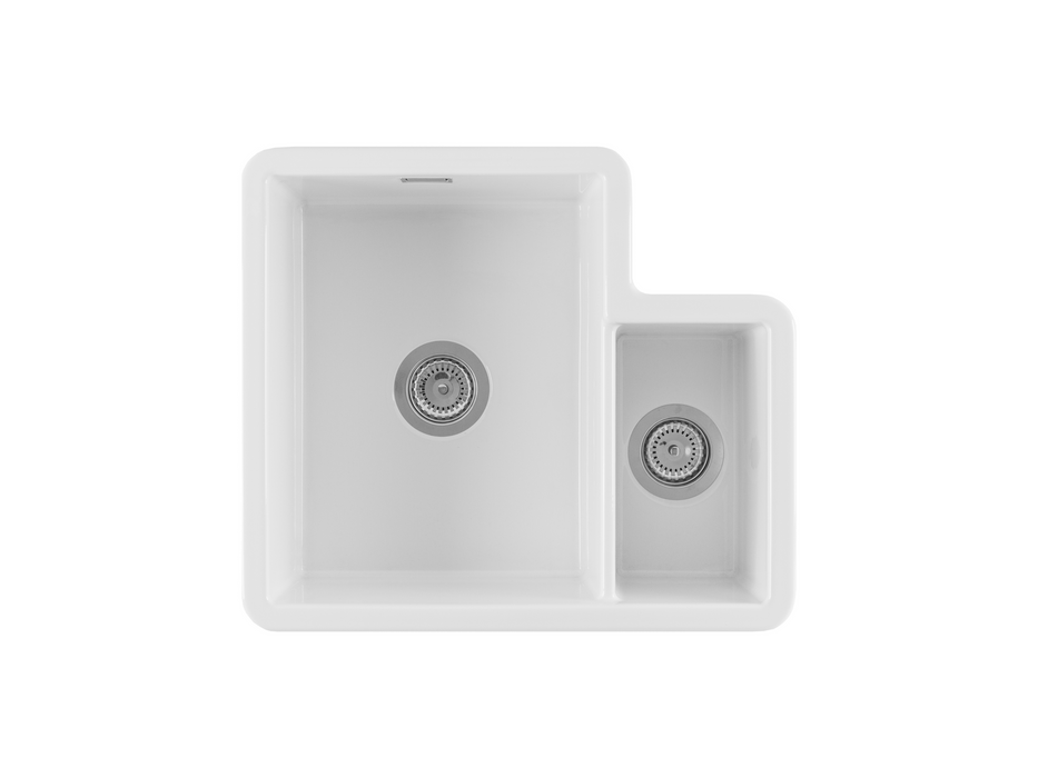 Verossi - Fireclay | 1.3 Bowl White Ceramic Undermount Kitchen Sink with Left Hand Main Bowl | Strainer wastes Supplied | 595 x 520mm